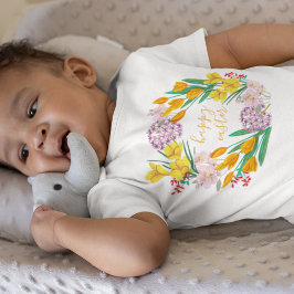 黄モダン色と緑の春の花ハッピーイースター ベビーボディスーツ