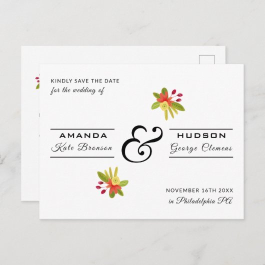 黄モダン色のオレンジ色のフローラ結婚式の日付を保存 ポストカード (正面/裏面)