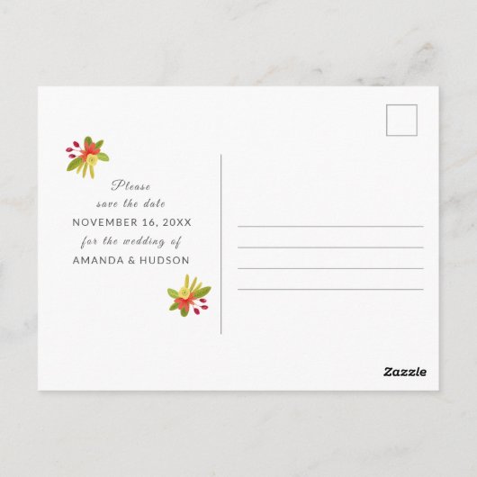 黄モダン色のオレンジ色のフローラ結婚式の日付を保存 ポストカード (裏面)