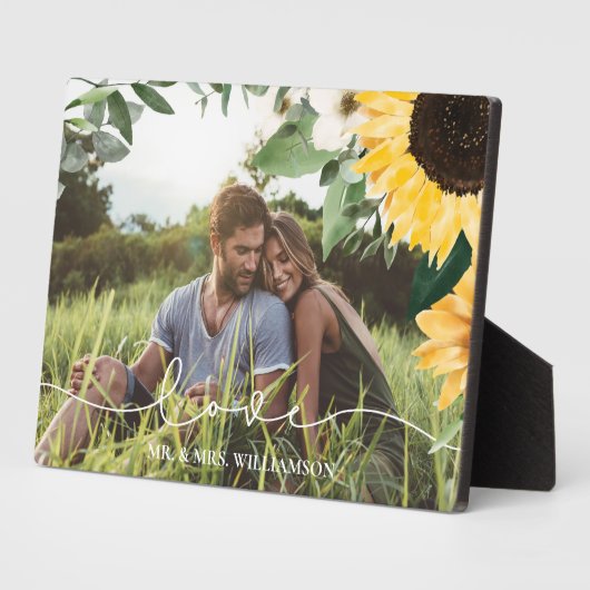 黄モダン色の水色ひまわり結婚花写真 フォトプラーク (側面)