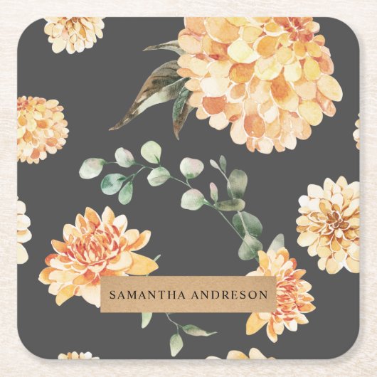 黄モダン色の花とクラフトパーソナライズされたギフト スクエアペーパーコースター (正面)