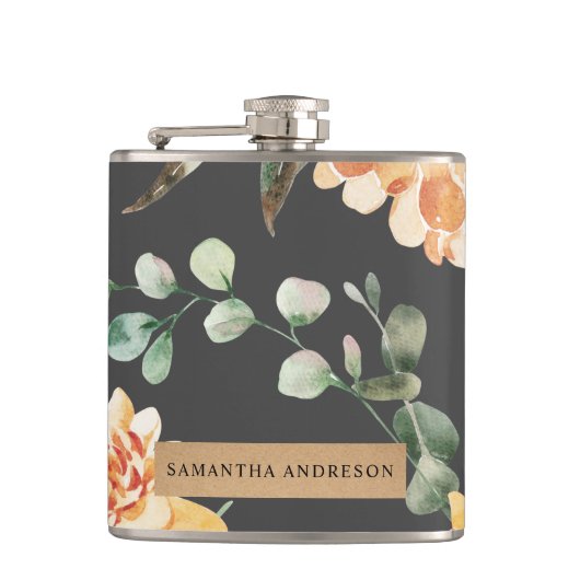 黄モダン色の花とクラフトパーソナライズされたギフト フラスク (正面)