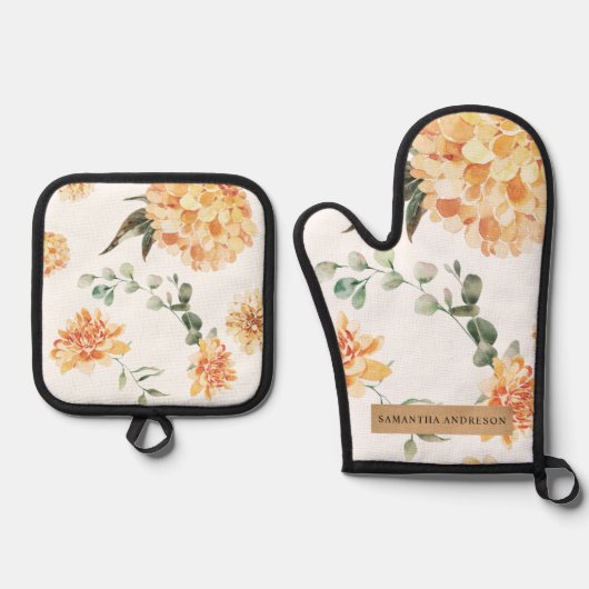 黄モダン色の花とクラフトパーソナライズされたギフト 鍋つかみ&鍋敷きセット (正面)