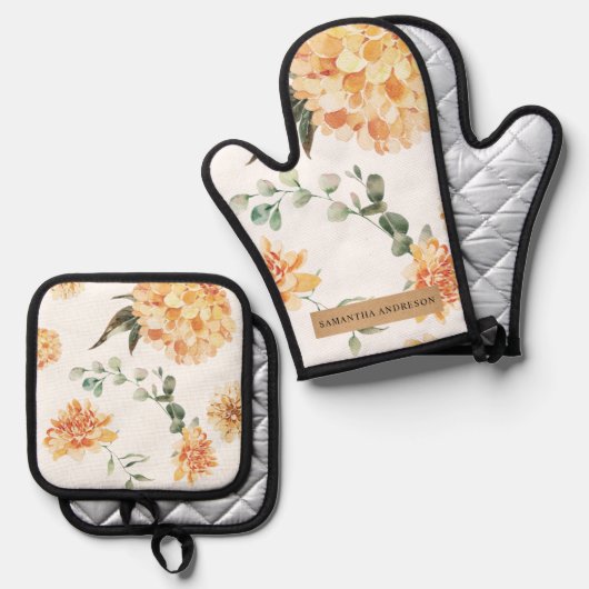 黄モダン色の花とクラフトパーソナライズされたギフト 鍋つかみ&鍋敷きセット (正面/裏面)