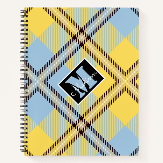 黄モダン色の青い格子状タータンチェックパーソナライズされた名 ノートブック (正面)