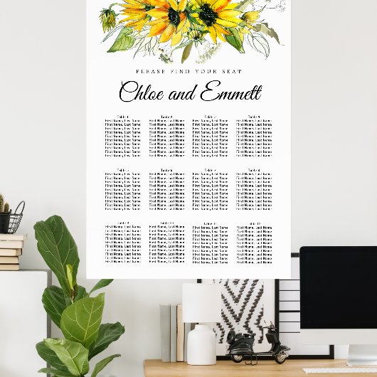 黄モダン色ひまわり12テーブル座席表 ポスター (ホームオフィス)