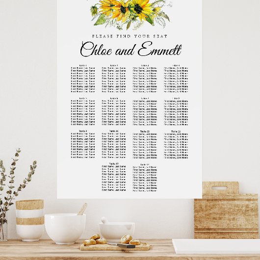 黄モダン色ひまわり14テーブル座席表 ポスター (キッチン)