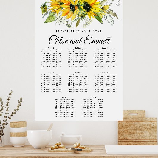黄モダン色ひまわり8テーブル座席表 ポスター (キッチン)
