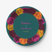 黄モダン色ピンク色の緑のフローラ結婚モノグラム ペーパープレート (正面)