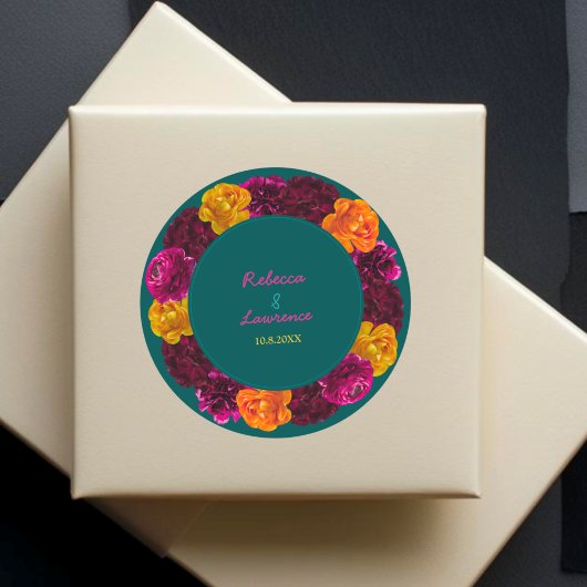 黄モダン色ピンク色の緑のフローラ結婚モノグラム ラウンドシール
