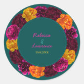 黄モダン色ピンク色の緑のフローラ結婚モノグラム ラウンドシール (正面)