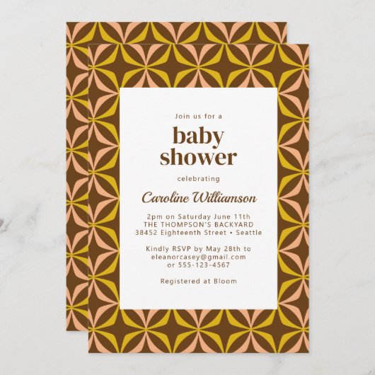黄モダン色レトロはっきりしたタイポグラフィベビーシャワー 招待状 (正面/裏面)