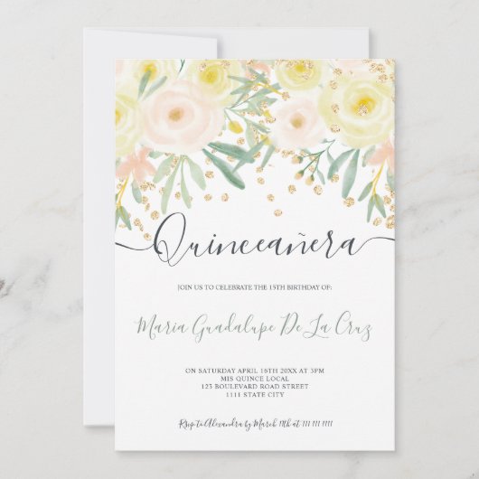 黄モダン色ローズグリーンフローラ金ゴールドキンセアニェラ 招待状 (正面)