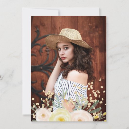 黄モダン色ローズグリーンフローラ金ゴールドキンセアニェラ 招待状 (裏面)