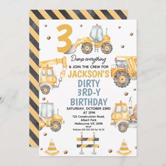 黄モダン色建築ダーティ3rdy誕生日 招待状 (正面/裏面)