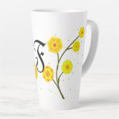 黄モダン色水色フローラモノグラム名 カフェラテマグ (右アングル)