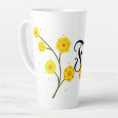 黄モダン色水色フローラモノグラム名 カフェラテマグ (左アングル)