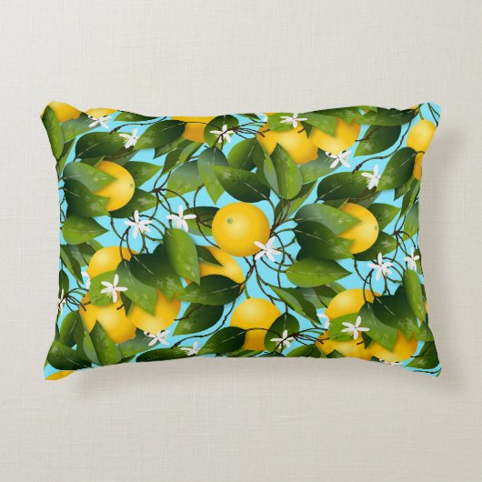 黄モダン色&グリーンレモンフルーツプリント アクセントクッション (正面)