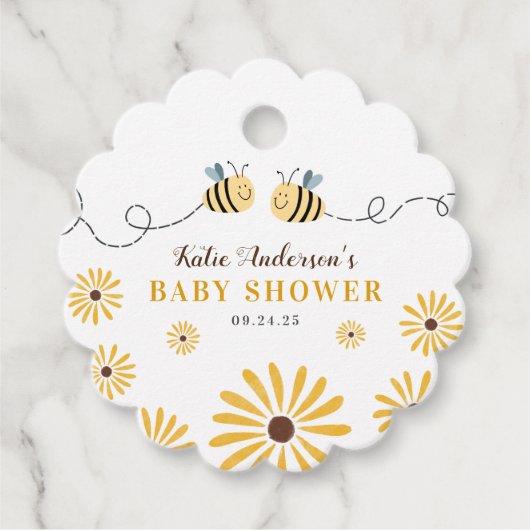 黄モダン色（昆虫）マルハナバチとヒマワリ赤ちゃんシャワー フェイバータグ (正面)