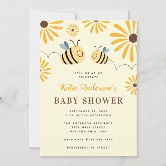 黄モダン色（昆虫）マルハナバチとヒマワリ赤ちゃんシャワー 招待状 (正面)