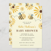 黄モダン色（昆虫）マルハナバチとヒマワリ赤ちゃんシャワー 招待状 (正面/裏面)