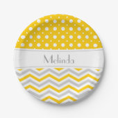 黄モダン色、灰色、白いシェブロン&水玉模様 ペーパープレート (正面)