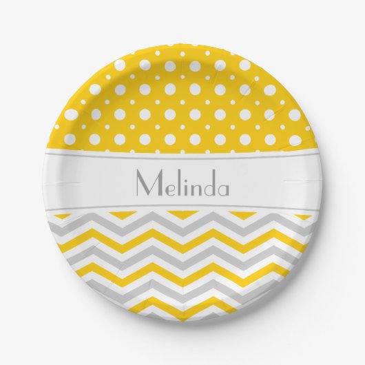 黄モダン色、灰色、白いシェブロン&水玉模様 ペーパープレート (正面)