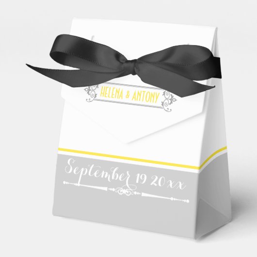 黄モダン色、灰色、白ヴィンテージの結婚式 フェイバーボックス (正面サイド)
