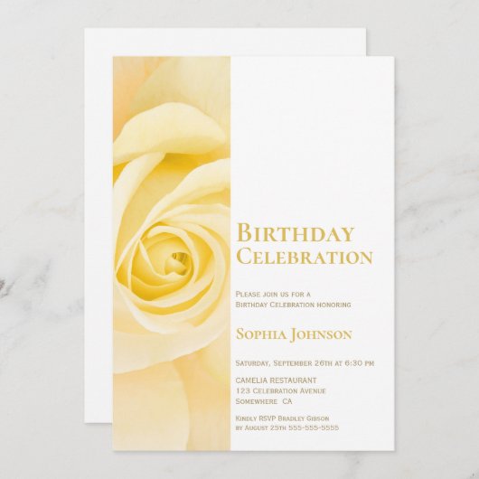 黄モダン薔薇の誕生日会の招待状 招待状 (正面/裏面)