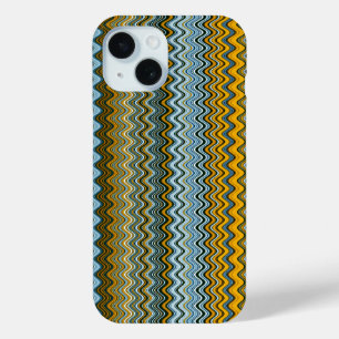 黄ユニーク色と青の波状ストライプ波形 iPhone 15ケース