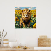 黄ユニーク色ひまわり畑信仰のライオン ポスター (キッチン)