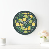 黄レモンと緑ライムの果物の柄 ラージ壁時計 (ホーム)