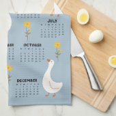 黄ワイルドフラワーとガチョウ2026カレンダー – 青 キッチンタオル (四つ折り)