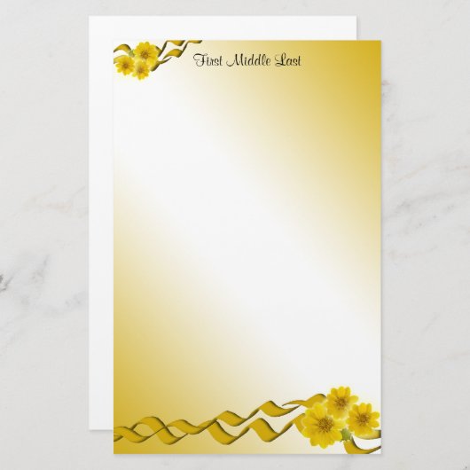 黄ワイルドフラワーとリボン縁どカスタム 便箋 (正面/裏面)