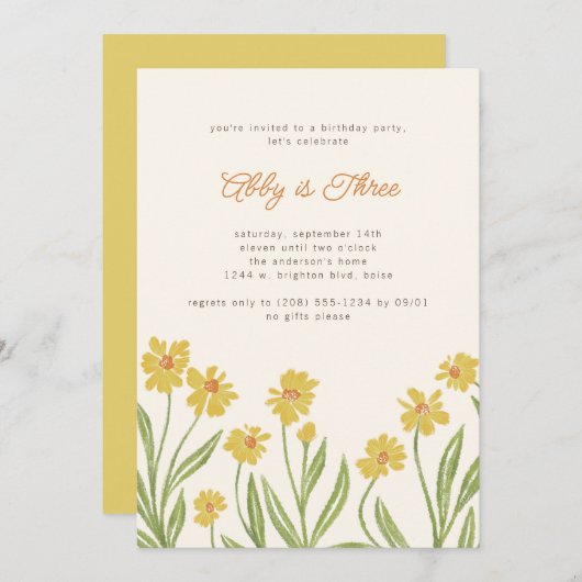 黄ワイルドフラワーバースデーパーティーの招待 招待状 (正面/裏面)