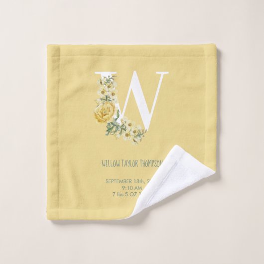 黄ヴィンテージ花イニシャルベビー誕生統計 バスタオルセット (ウォッシュタオル)