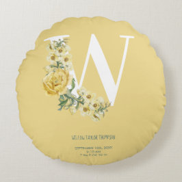 黄ヴィンテージ花イニシャルベビー誕生統計 ラウンドクッション