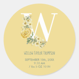 黄ヴィンテージ花イニシャルベビー誕生統計 ラウンドシール
