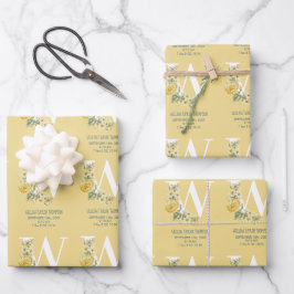 黄ヴィンテージ花イニシャルベビー誕生統計 ラッピングペーパーシート