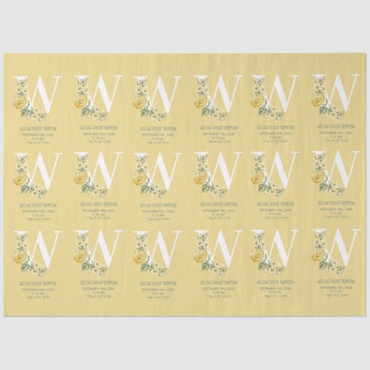 黄ヴィンテージ花イニシャルベビー誕生統計 薄葉紙 (正面)