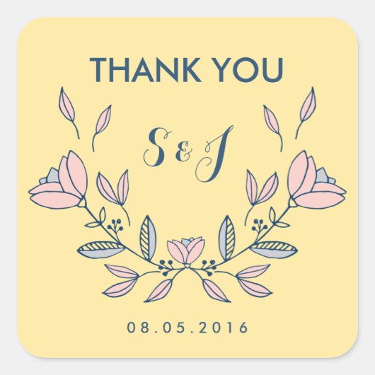黄ヴィンテージ花結婚の感謝ステッカー スクエアシール (正面)