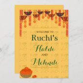 黄伝統的ハルディとメンディ式 招待状 (正面/裏面)