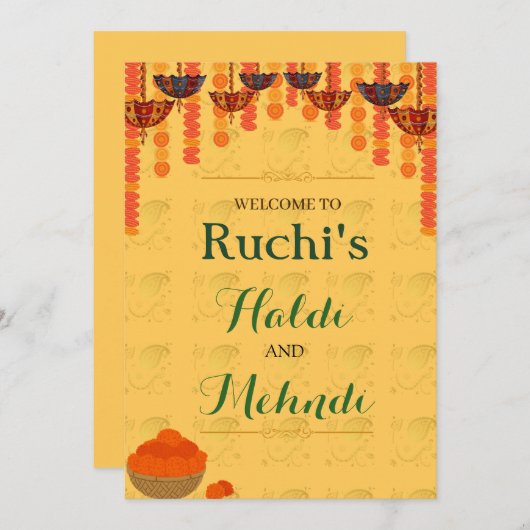 黄伝統的ハルディとメンディ式 招待状 (正面/裏面)