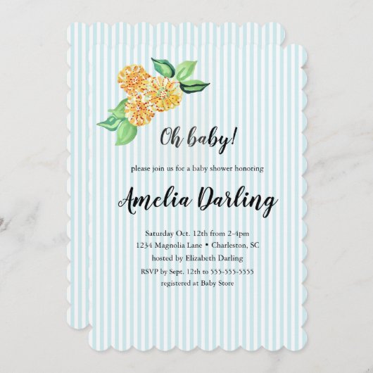 黄名門私立校風の花ストライプ赤ちゃんシャワー 招待状 (正面/裏面)