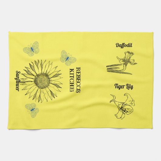 黄図解入りの、写真付きの色の花 キッチンタオル (横)