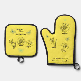 黄図解入りの、写真付きの色の花 鍋つかみ&鍋敷きセット