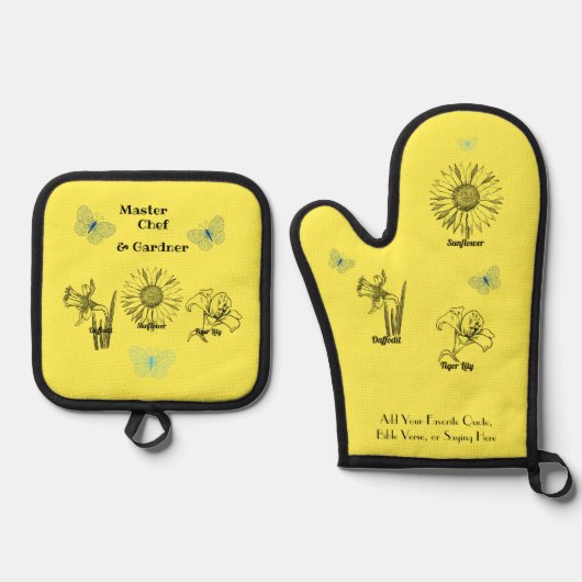 黄図解入りの、写真付きの色の花 鍋つかみ&鍋敷きセット (正面)