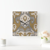 黄土色のイカットII スクエア壁時計 (ホーム)