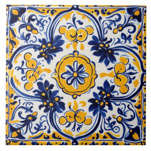 黄地中海のイタリアン色・ネイビー花フローラ タイル (正面)
