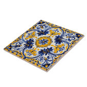 黄地中海のイタリアン色・ネイビー花フローラ タイル (側面)